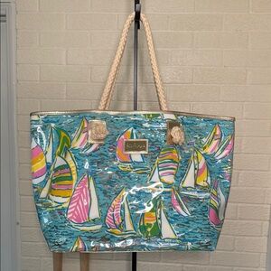 Lilly Pulitzer You Gotta Regatta Clear Sailboat Tote w/ Rope Handles & Gold Base